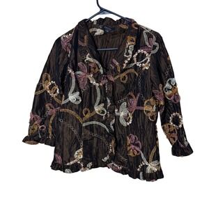 Vintage Dressbarn Collection Brown Crinkle Embroidered Ribbon Ruffle Blouse S
